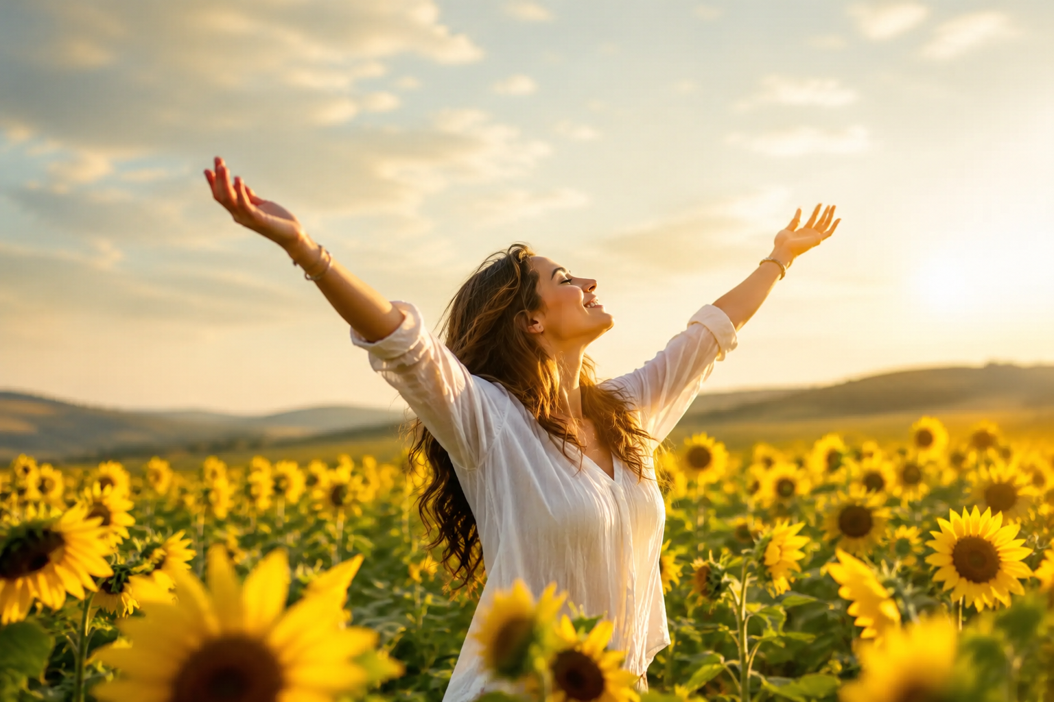 woman in sunflowers felling confident
