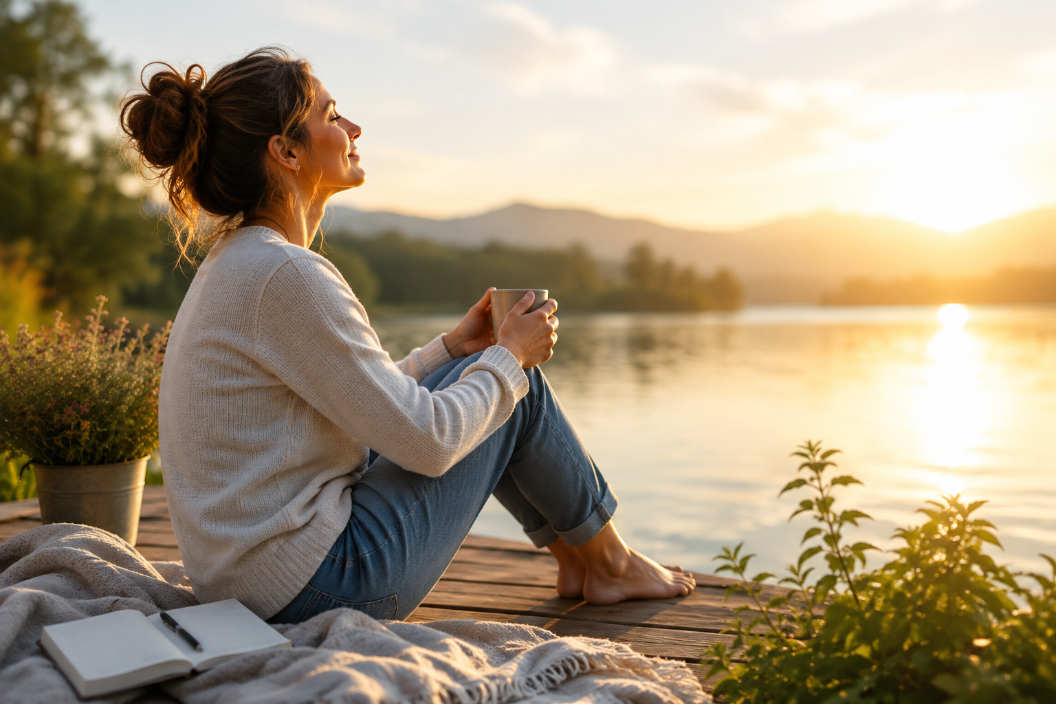 Woman relaxing peacefully by a lake