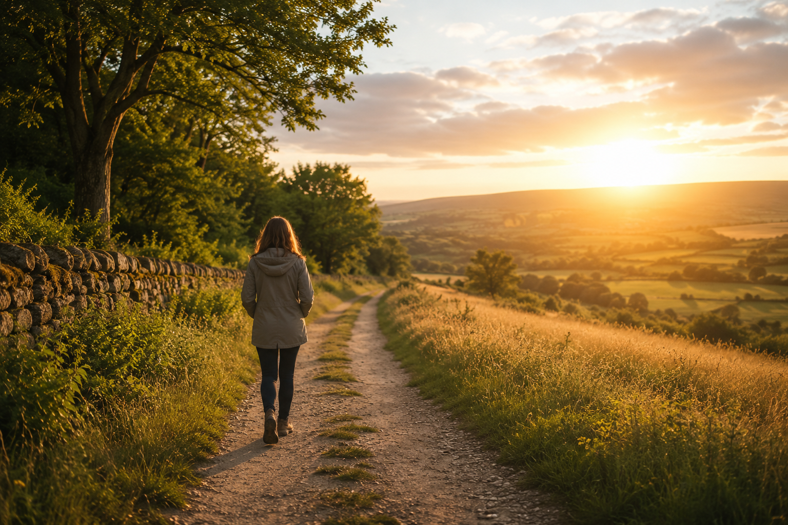 woman walking on a lane with fields and sunset