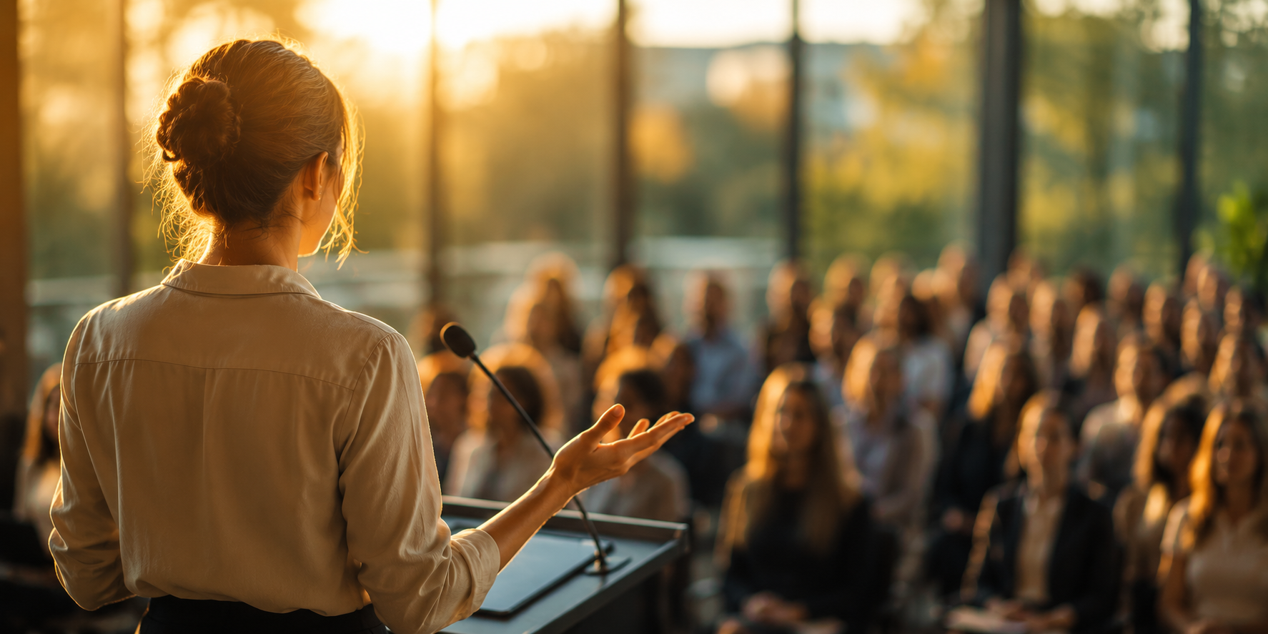 woman presenting to crowd