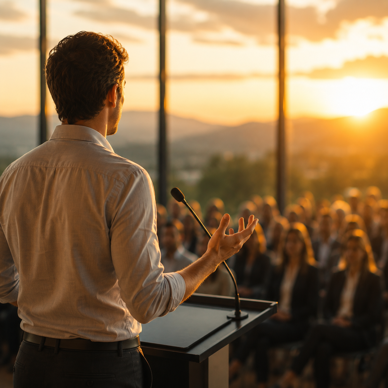 man presenting to crowd