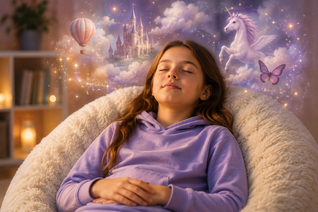 Child relaxing and using her imagination during hypnotherapy