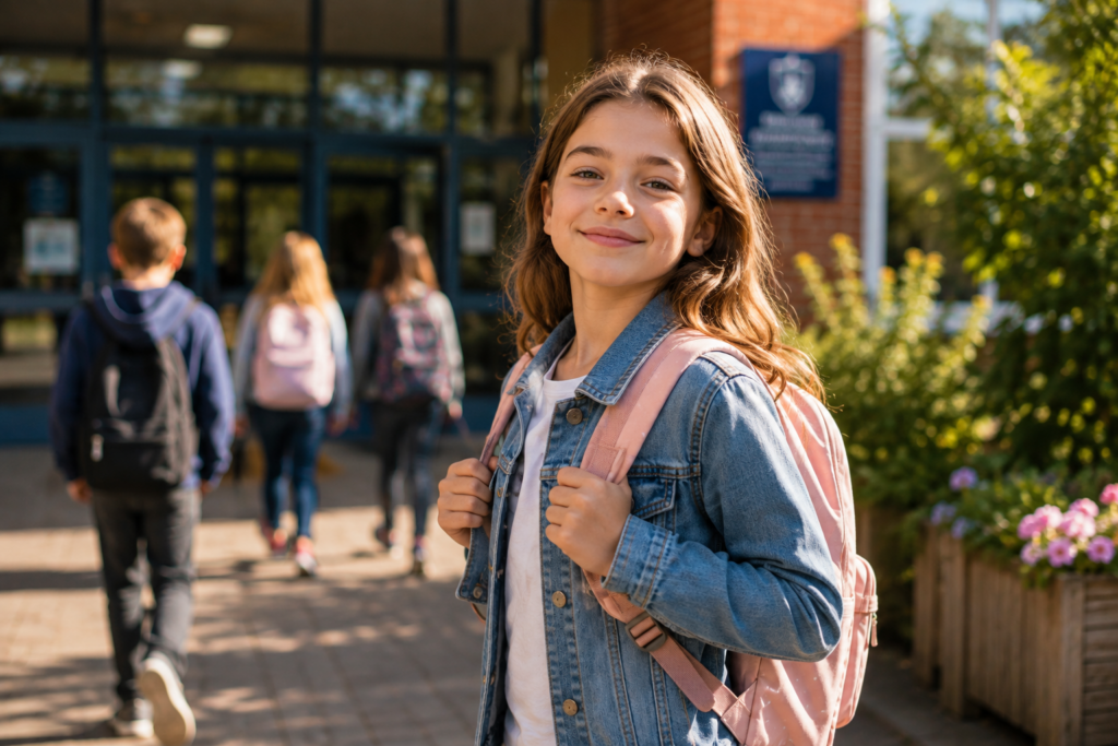 Confident child arriving at school feeling calm and happy