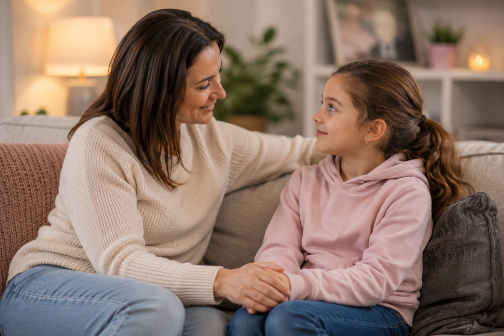 Parent reassuring a child before a hypnotherapy session
