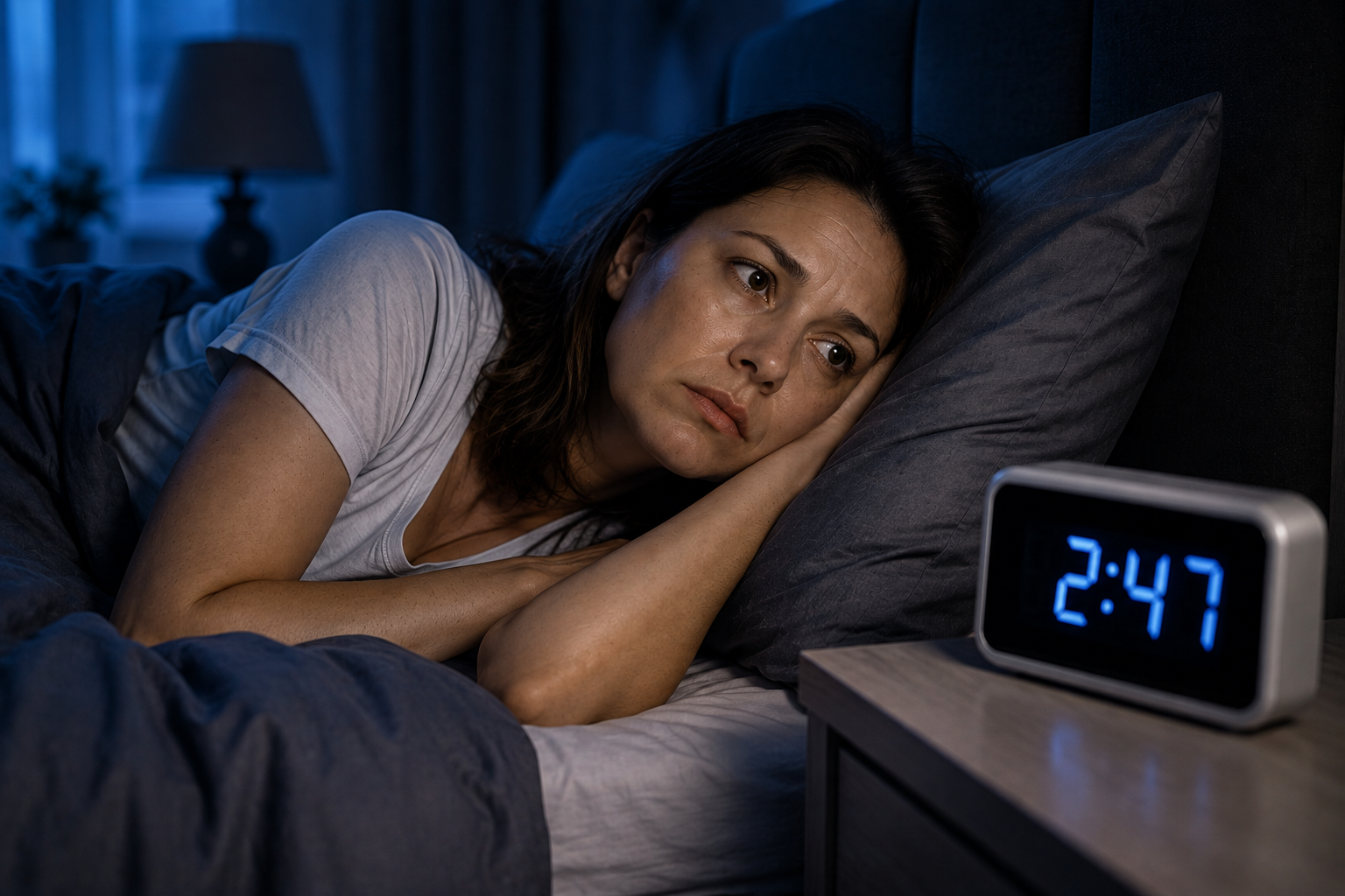 Woman lying awake at night unable to sleep and watching the clock