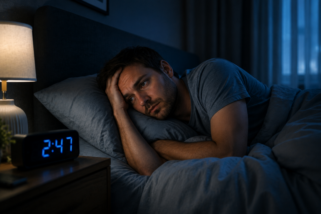 man awake in bed at 2.47