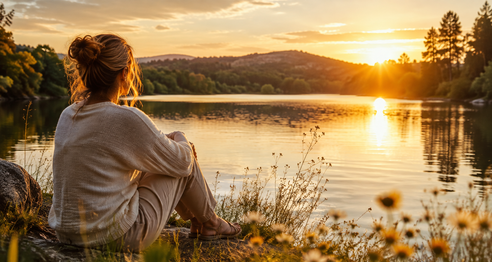 Peaceful outdoor relaxation — a woman sitting comfortably beside a beautiful lake at golden hour, looking across the water. Natural clothes, relaxed posture, warm sunlight, lots of open space. Similar photographic feel to our Confidence/PTSD images. No text.
