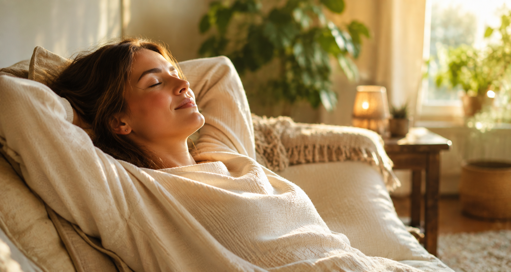Woman relaxing peacefully at home with her eyes closed