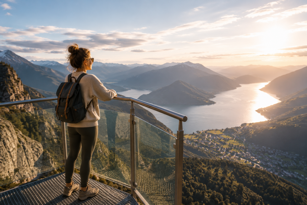 woman stood at top of mountainledge