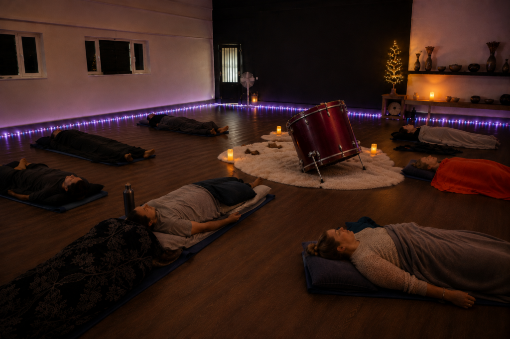 Breathwork session in Leicestershire with people relaxing on mats around a large drum