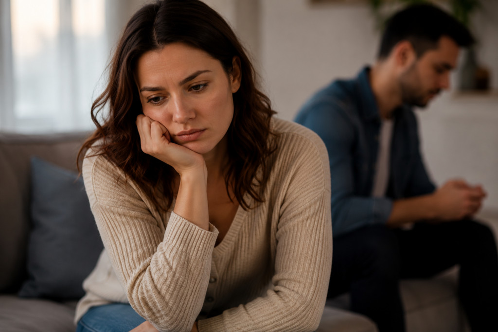 Woman feeling upset and insecure in her relationship while her partner sits in the background