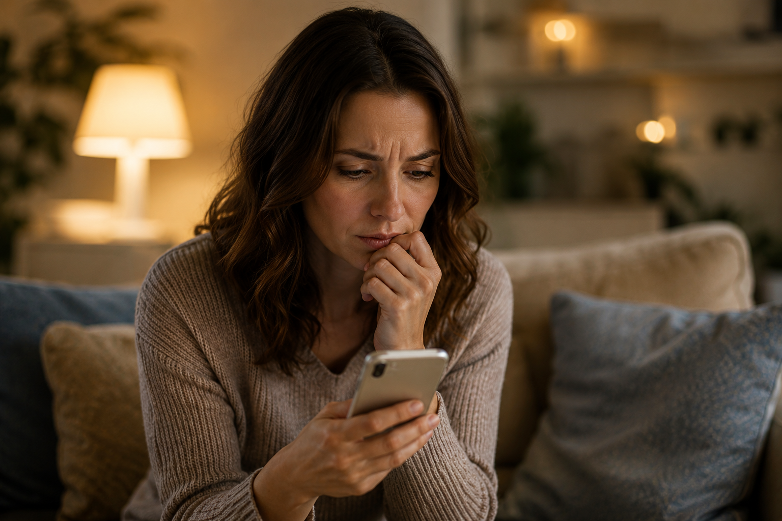 Woman feeling anxious and jealous while looking at her phone