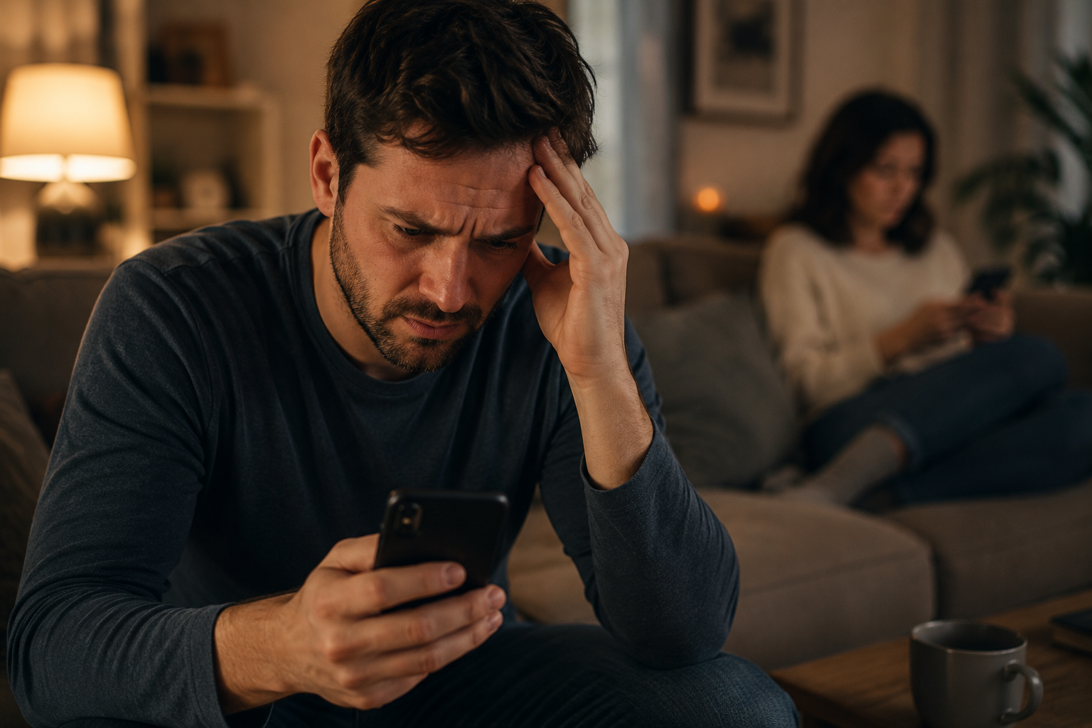 Man feeling anxious and frustrated while looking at his phone because of jealousy and relationship worries
